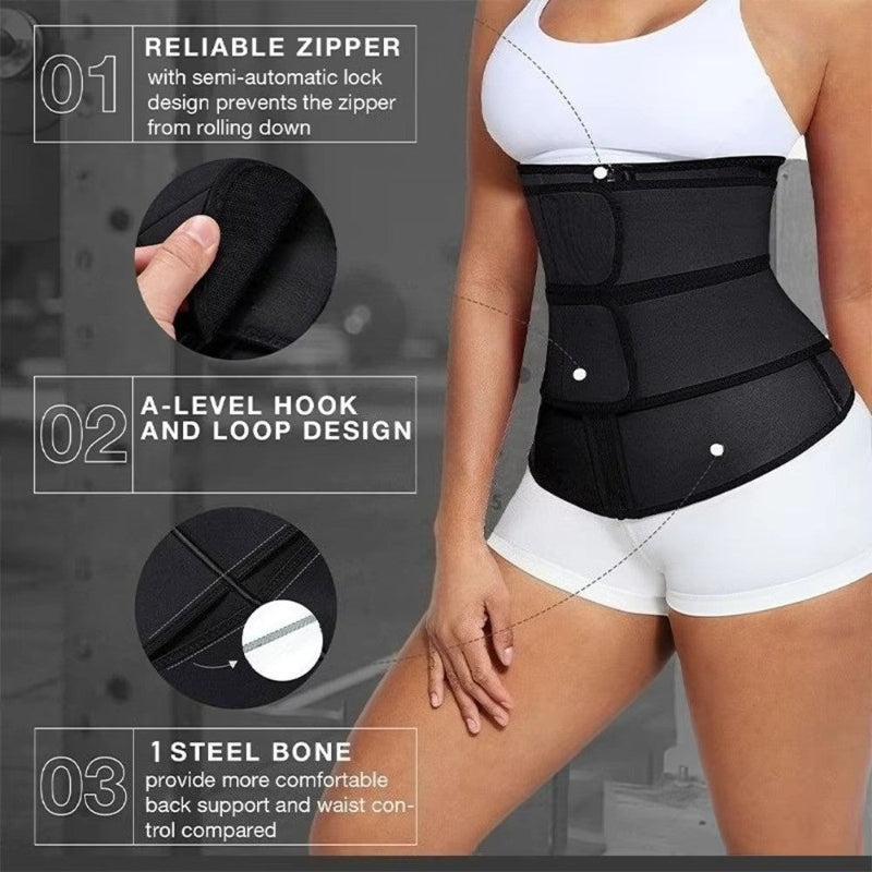 Black waist trainer worn by a person with features highlighted on a gray background