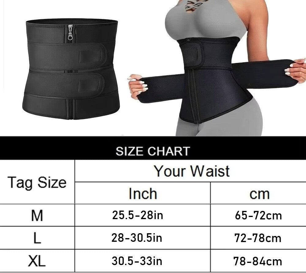 Black waist trainer with size chart showing measurements in inches and centimeters.