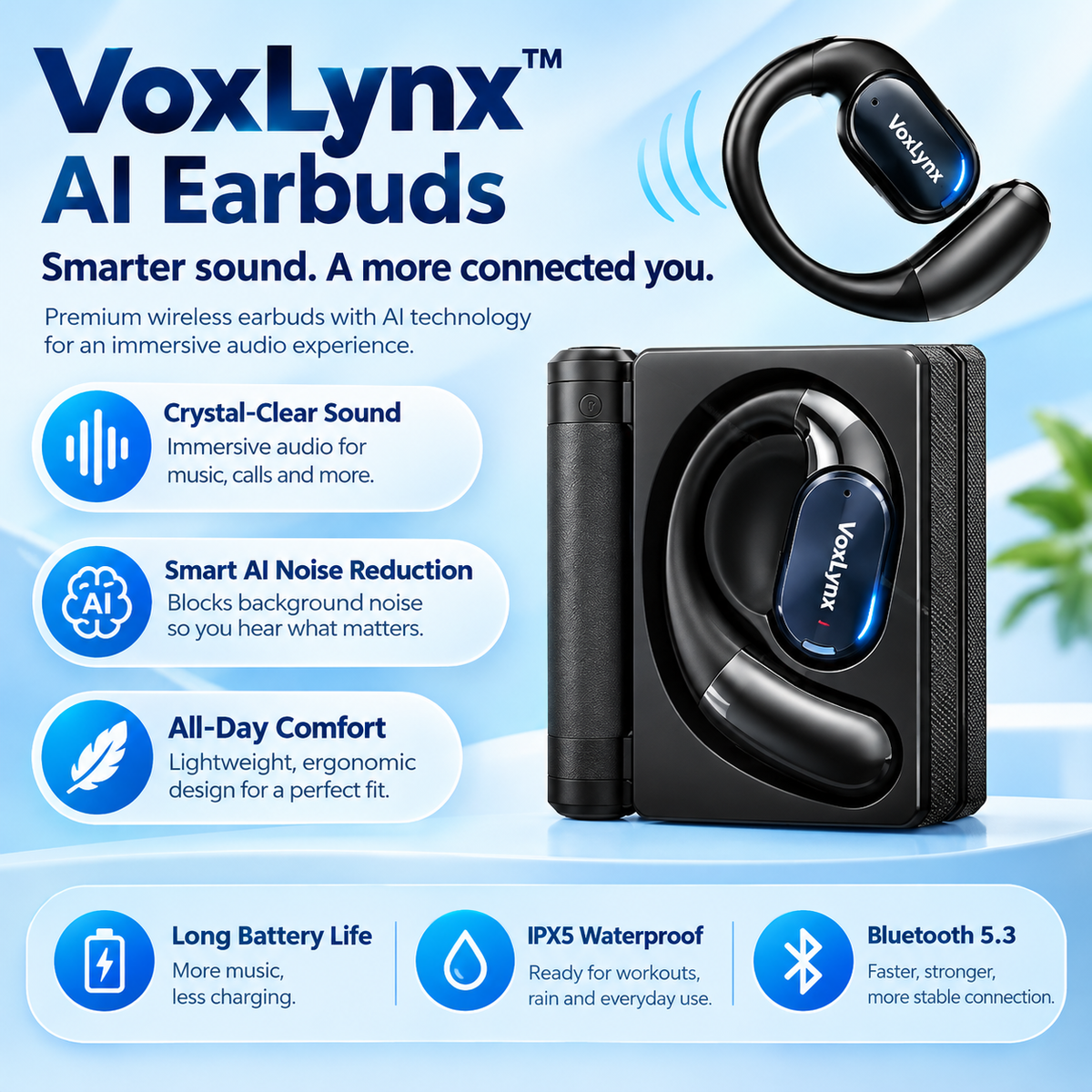 Black VoxLynx wireless ear-hook earbuds product close-up