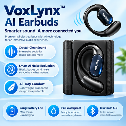 Black VoxLynx wireless ear-hook earbuds product close-up