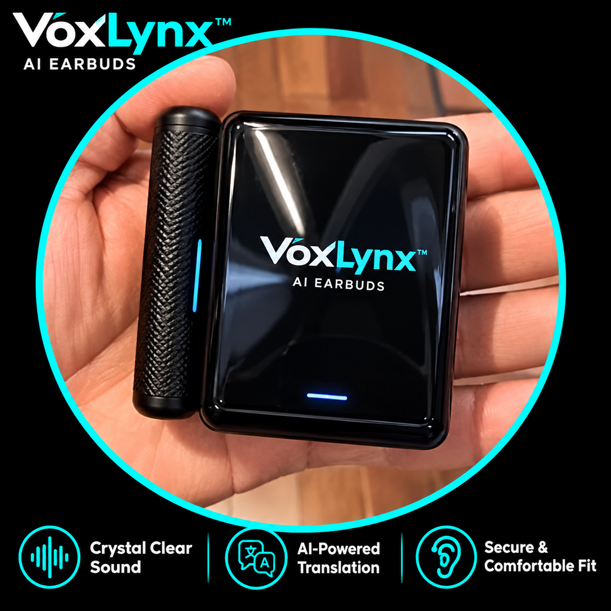 VoxLynx AI earbuds package contents and accessories